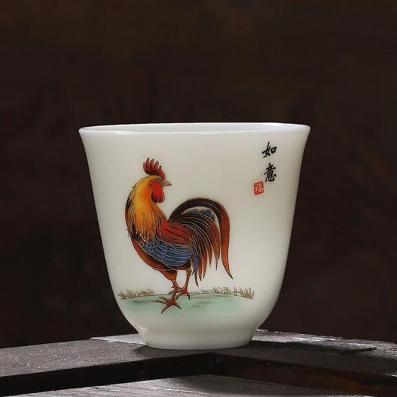 2 ks/sada porcelánových čajových šálok Suet Jade s vzorom kohúta, majstrovská šálka, kung-fu čajová miska 60 ml, kuchynský riad, tradičné remeslá