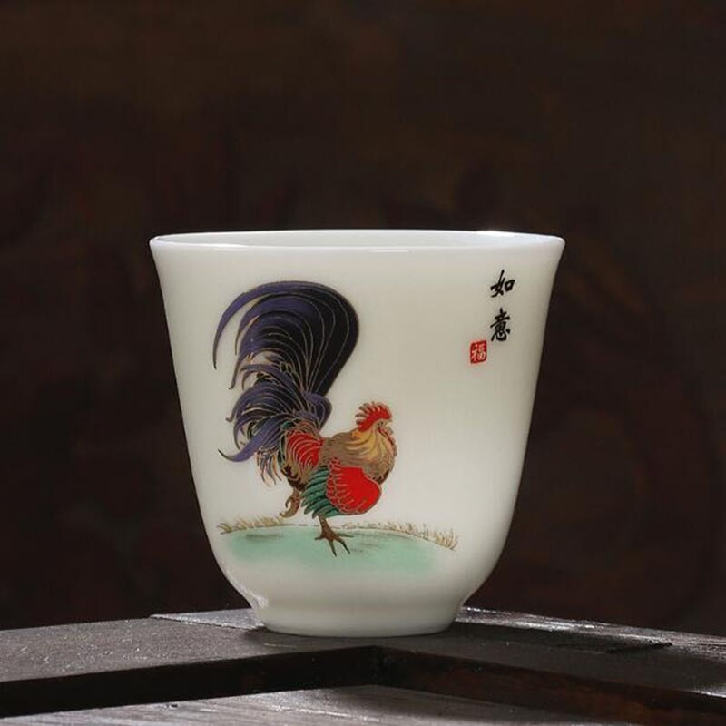 2 ks/sada porcelánových čajových šálok Suet Jade s vzorom kohúta, majstrovská šálka, kung-fu čajová miska 60 ml, kuchynský riad, tradičné remeslá