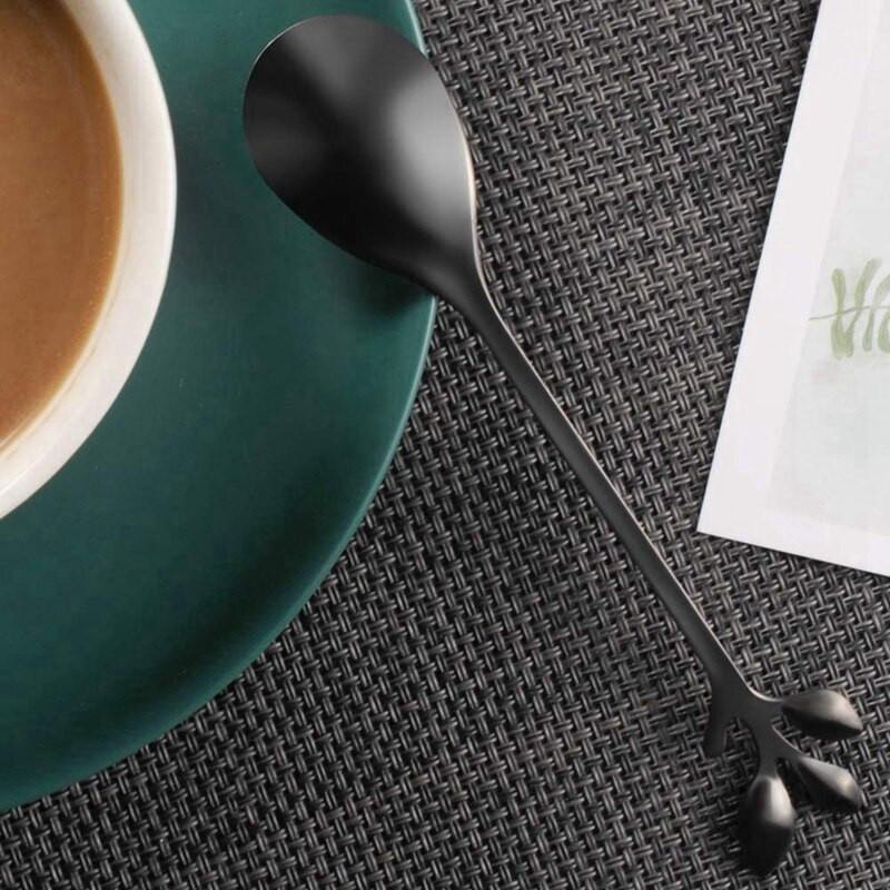 Set linguri de cafea Linguri espresso pentru desert ceai lingura de amestecare si amestecare din otel inoxidabil - set de 16 linguri de frunze negre