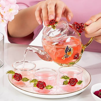 Червена роза, емайлиран кристален стъклен сервиз за чай Комплект чаши за чай Чай с цветя Стъклени чаши за топли и студени напитки Комплекти за чай за домашен офис Подарък