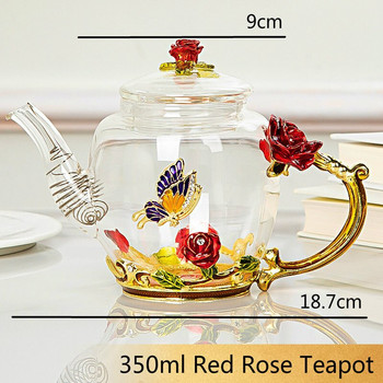 Червена роза, емайлиран кристален стъклен сервиз за чай Комплект чаши за чай Чай с цветя Стъклени чаши за топли и студени напитки Комплекти за чай за домашен офис Подарък