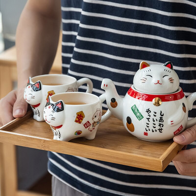 Сладка японска Lucky Cat Порцеланов сервиз за чай Творчески прибори за чай Керамична чаша за чай Саксия с цедка Прекрасна чаша за чай Plutus Cat