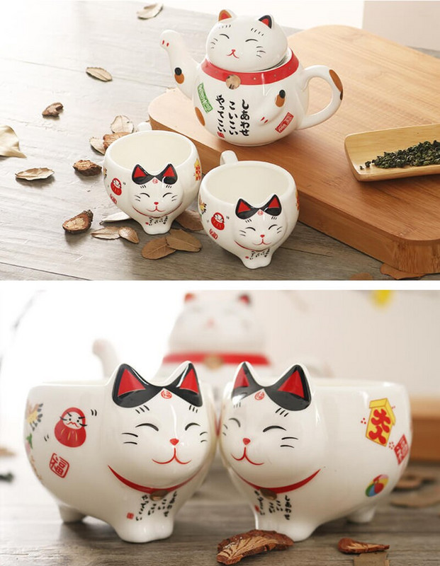Aranyos japán Lucky Cat porcelán teáskészlet Kreatív teáskészlet Kerámia teáskanna szűrővel Lovely Plutus Cat teáskanna bögre