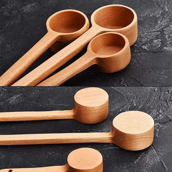 3 veľkosti drevených čajových lyžičiek s dlhou rukoväťou, odmerka na kávu, odmerka na mleté zrná, čaj, soľ, korenie, cukor, korenie, 6 ks