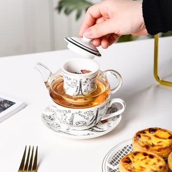 Creative Nodic Tea Pot Tea Cup Set with Tea Infuser Eiffel Tower London Bridge Print Устойчив на висока температура Чаен сервиз за пътуване