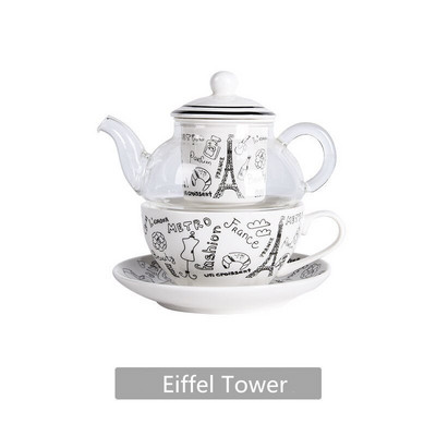 Kreatívna sada čajových šálok Nodian Tea Pot s čajovým nálevníkom, potlač Eiffelovej veže, Londýnskeho mosta, odolný voči vysokým teplotám, cestovný čajový riad