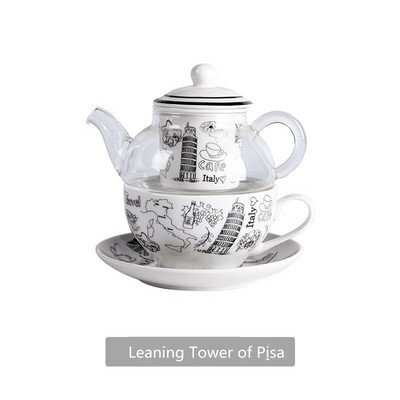Kreatívna sada čajových šálok Nodian Tea Pot s čajovým nálevníkom, potlač Eiffelovej veže, Londýnskeho mosta, odolný voči vysokým teplotám, cestovný čajový riad
