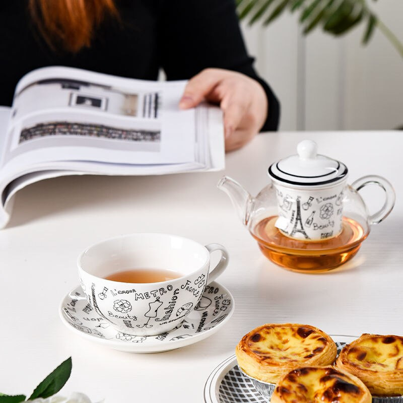 Kreatívna sada čajových šálok Nodian Tea Pot s čajovým nálevníkom, potlač Eiffelovej veže, Londýnskeho mosta, odolný voči vysokým teplotám, cestovný čajový riad