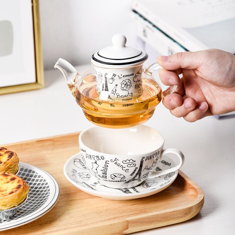 Kreatívna sada čajových šálok Nodian Tea Pot s čajovým nálevníkom, potlač Eiffelovej veže, Londýnskeho mosta, odolný voči vysokým teplotám, cestovný čajový riad