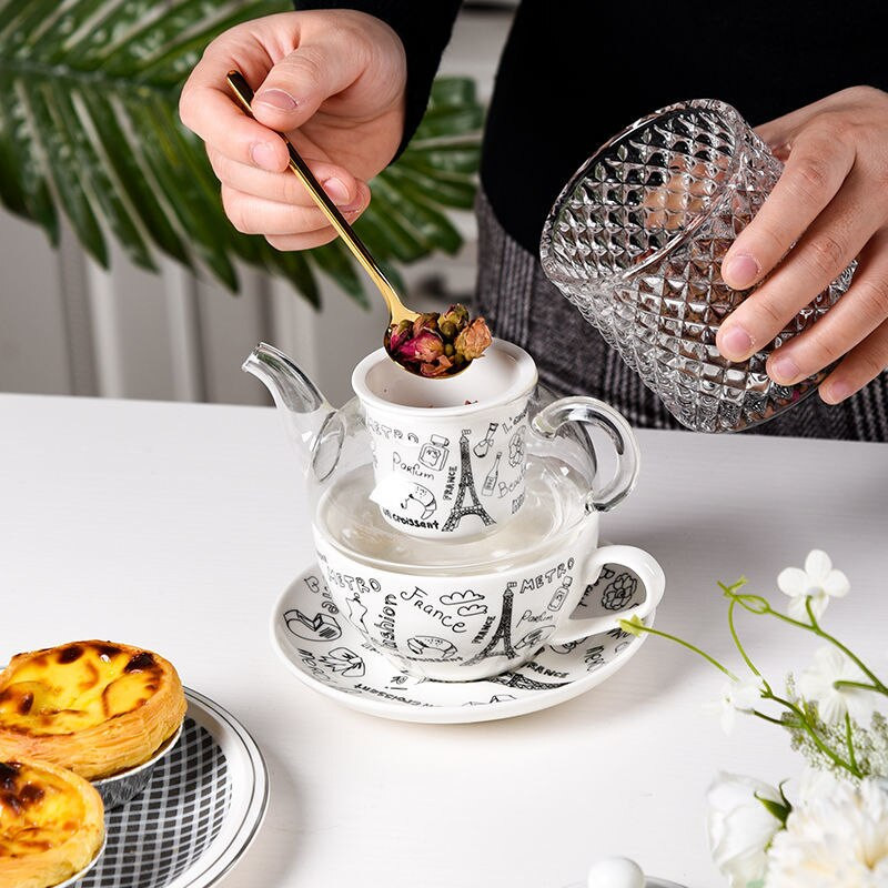 Kreatívna sada čajových šálok Nodian Tea Pot s čajovým nálevníkom, potlač Eiffelovej veže, Londýnskeho mosta, odolný voči vysokým teplotám, cestovný čajový riad