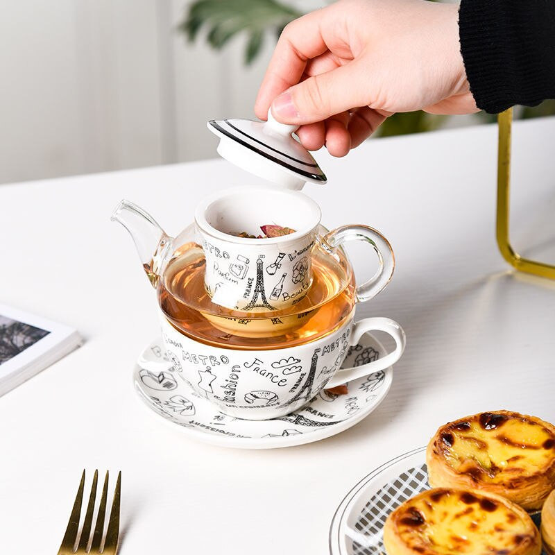 Kreatívna sada čajových šálok Nodian Tea Pot s čajovým nálevníkom, potlač Eiffelovej veže, Londýnskeho mosta, odolný voči vysokým teplotám, cestovný čajový riad