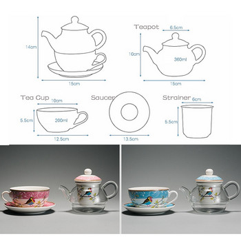 Κεραμικό τσάι για ένα σετ Fine Bone China Teaware Teapot φίλτρο με πιατάκια πουλιά και σχέδιο λουλουδιών κουτί δώρου