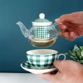Keramická čajová súprava pre jednu sadu s kockovaným dizajnom, sklenená kanvica na čaj s jemným kostným porcelánom, podšálka, šálka na čaj, nálevník na čaj s darčekovou krabičkou