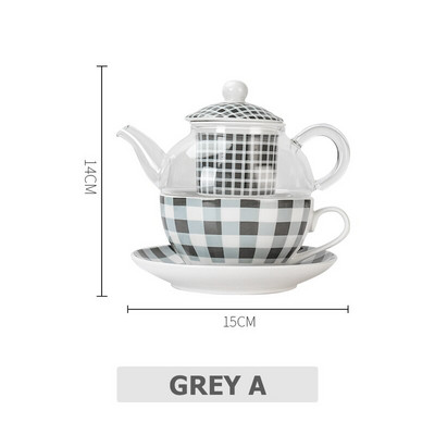 Keramická čajová súprava pre jednu sadu s kockovaným dizajnom, sklenená kanvica na čaj s jemným kostným porcelánom, podšálka, šálka na čaj, nálevník na čaj s darčekovou krabičkou