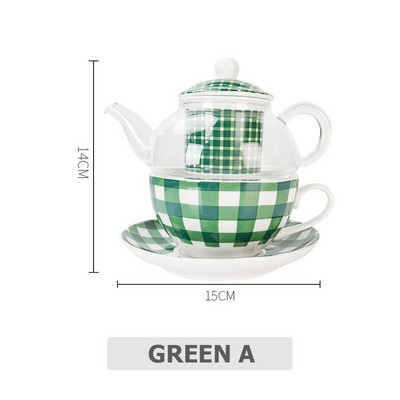Keramická čajová súprava pre jednu sadu s kockovaným dizajnom, sklenená kanvica na čaj s jemným kostným porcelánom, podšálka, šálka na čaj, nálevník na čaj s darčekovou krabičkou