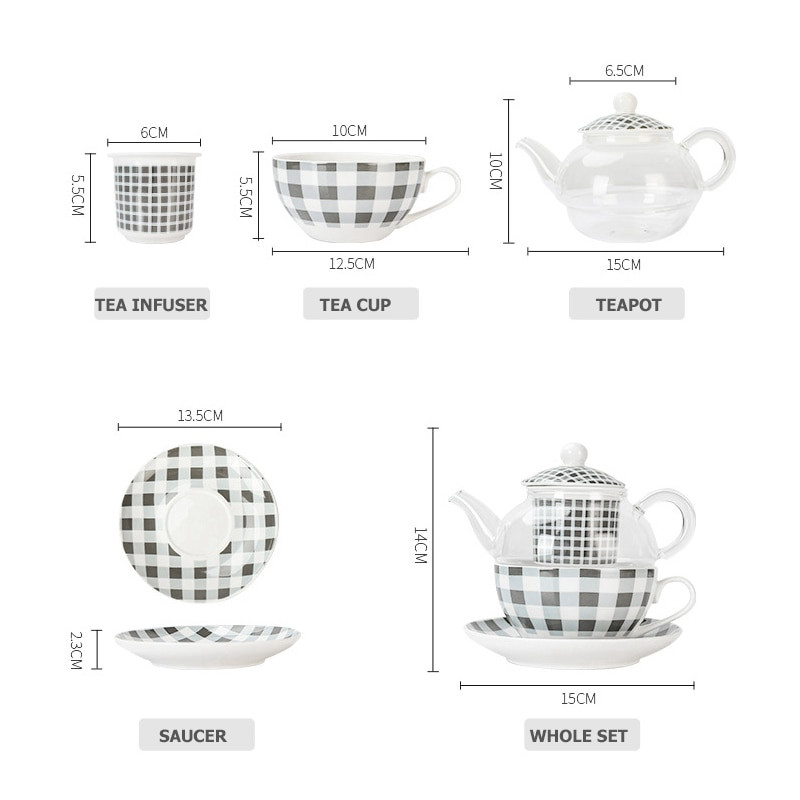 Keramická čajová súprava pre jednu sadu s kockovaným dizajnom, sklenená kanvica na čaj s jemným kostným porcelánom, podšálka, šálka na čaj, nálevník na čaj s darčekovou krabičkou