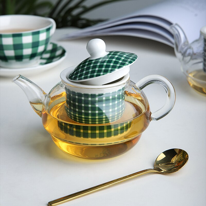 Keramická čajová súprava pre jednu sadu s kockovaným dizajnom, sklenená kanvica na čaj s jemným kostným porcelánom, podšálka, šálka na čaj, nálevník na čaj s darčekovou krabičkou