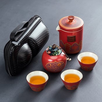 Керамична порцеланова кунг-фу чаша за чай Комплект чаши за чай Чаена торбичка за пътуване на открито против изгаряне Една тенджера Чайник с три чаши с филтър Подарък