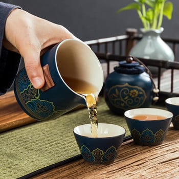 Керамична порцеланова кунг-фу чаша за чай Комплект чаши за чай Чаена торбичка за пътуване на открито против изгаряне Една тенджера Чайник с три чаши с филтър Подарък
