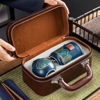 Σετ φλιτζάνι τσαγιού από κεραμική πορσελάνη Kung Fu Teaware Outdoor Travel Tea Bag Anti-ζεμάτισμα One Pot Τσαγιέρα με τρία φλιτζάνια δώρο