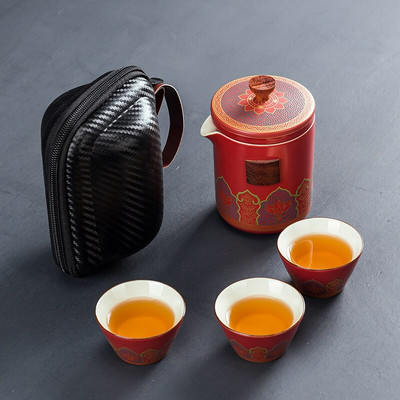Keramická porcelánová sada čajových šálok Kung Fu, čajový riad, vonkajšie cestovné čajové vrecko, proti obareniu, jedna kanvica, tri šálky čaju s filtrom, darček