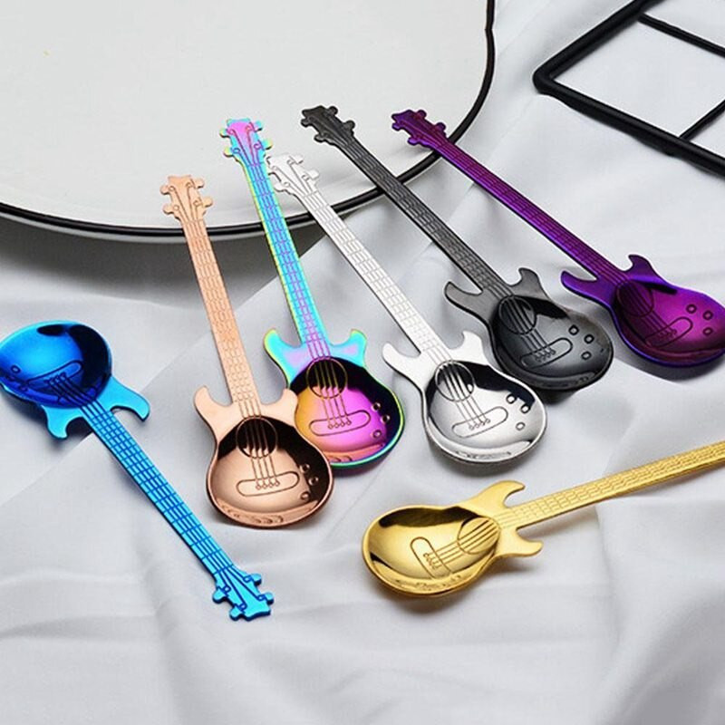 Gitara Kavos arbatiniai šaukšteliai, 7vnt Spalvingi nerūdijančio plieno Muzikiniai kavos šaukštai Arbatiniai šaukšteliai Maišymo šaukšteliai Cukraus šaukštas