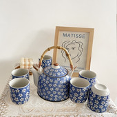 Cutelife Mielas mėlynų gėlių keramikinis kavos arbatos indas su rankena Karščiui atsparus Kinijos arbatos rinkinys Porcelianinis popietės arbatos puoduko rinkinys