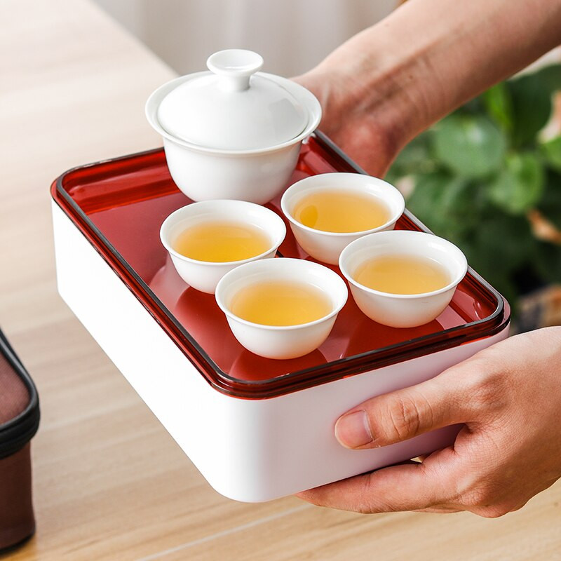 Čínska keramická čajová súprava, cestovná kung-fu čajová súprava, porcelánová prenosná biela čajová súprava, gaiwan šálka, kanvica na čaj, tácky na čajový obrad
