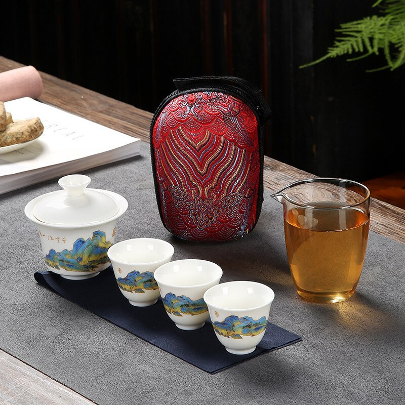 Keramické čajníky s 3 šálkami čaju, porcelánová súprava Gaiwan Kung Fu, prenosný čajový riad, cestovná čajová súprava, darčekový riad