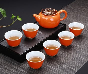 Творчески прибори за чай Persimmon Модел Kung Fu Керамичен комплект за чай Включва 6 чаши 1 чайник, Порцелан с червена глазура Изискан сервиз за чаша чай