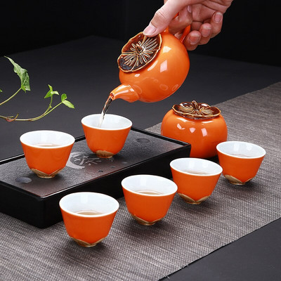 Setul de ceai din ceramică Kung Fu, model de curmal, include 6 căni 1 ceainic, veselă de porțelan cu glazură roșie.