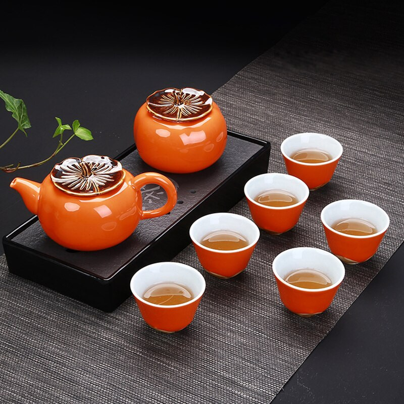 Kreatívny čajový riad Persimmon Model Kung Fu keramická čajová súprava obsahuje 6 šálok a 1 kanvicu, porcelán s červenou glazúrou, vynikajúci čajový riad v šálke.