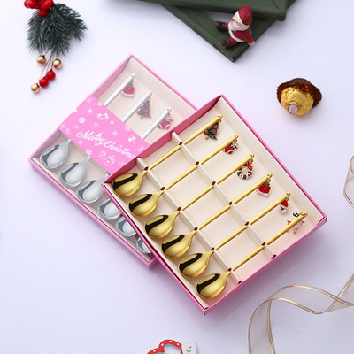 6PCS Комплект лъжици от неръждаема стомана Коледна лъжица за кафе Сладолед Супа Захар Десерт Чаени лъжички Бъркалка за смесване Кухненска посуда