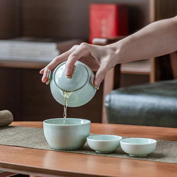 Комплект за чай за пътуване Преносим комплект за чай Kung Fu 1 чайник 3 чаши Керамична чаша за чай на открито Керамична чаша Shu Puer Чаши и чаши Gaiwan Саксия за самовар