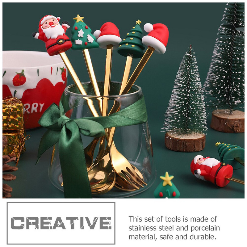 Crăciun Lingură Linguri Furculiță Cafea Desert Oțel inoxidabil Argintari de Crăciun Favoruri Set de petrecere Goldenstirring Amestecare Moș Crăciun Espresso