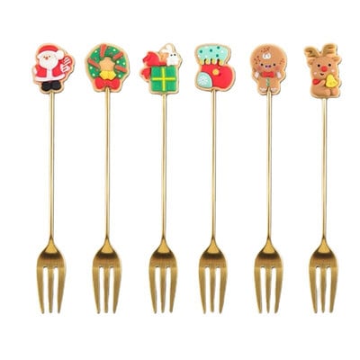 6 vnt Kalėdiniai nerūdijančio plieno kavos šaukštai Kalėdų papuošimai namams Linksmų Kalėdų dovanos Naujųjų metų vaisių šakutė ledų šaukštas