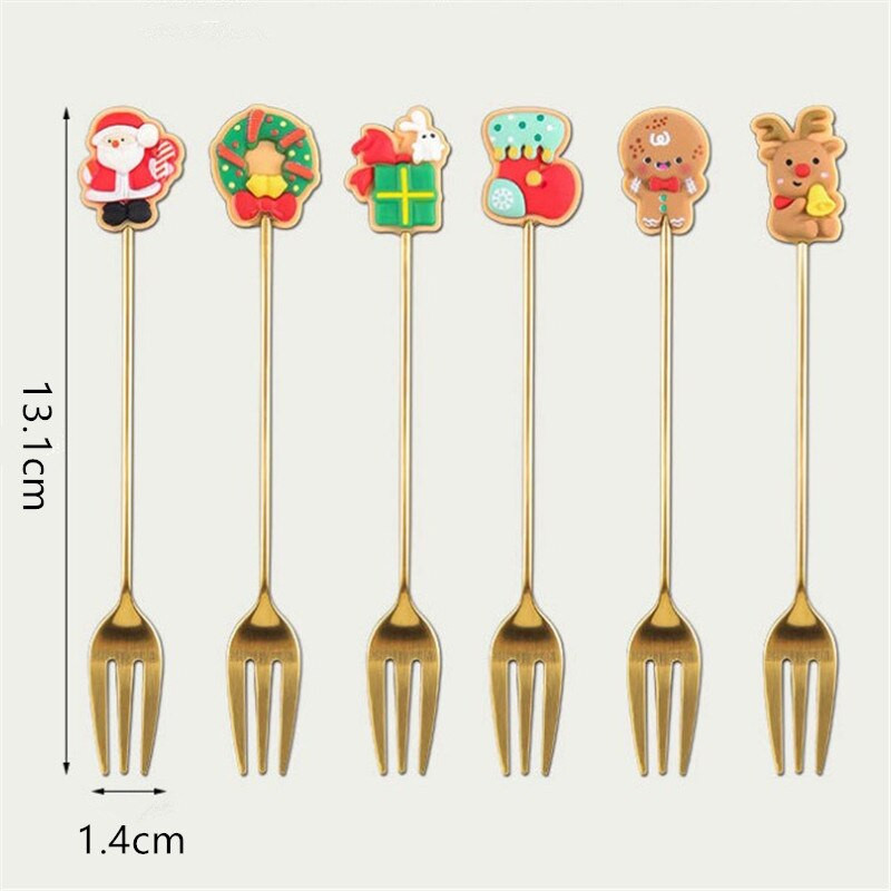 6 vnt Kalėdiniai nerūdijančio plieno kavos šaukštai Kalėdų papuošimai namams Linksmų Kalėdų dovanos Naujųjų metų vaisių šakutė ledų šaukštas