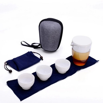 Чаен комплект бяла тенджера Три чаши керамични чайници чайник gaiwan чаши за чай китайски прибори за чай преносим пътен сервиз за чай с пътна чанта