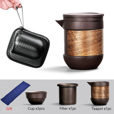 Yixing Purple pieskový čajový set, čierna/červená, keramická japonská sada čajových šálok, prenosný cestovný čajový riad, kung-fu čajový šálka, 1 kanvica, 3 šálky, gaiwan
