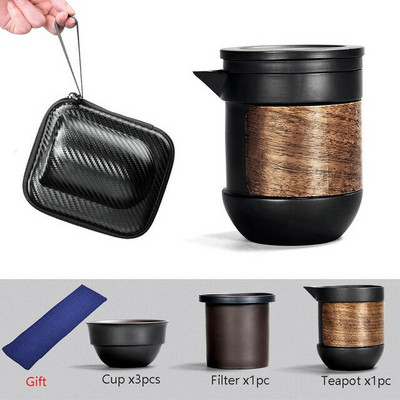 Yixing Purple pieskový čajový set, čierna/červená, keramická japonská sada čajových šálok, prenosný cestovný čajový riad, kung-fu čajový šálka, 1 kanvica, 3 šálky, gaiwan