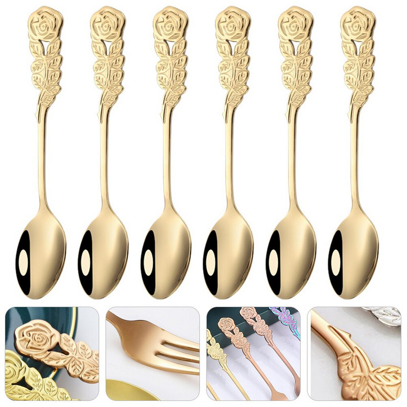 6 vnt. nerūdijančio plieno kavos šaukštai rožių rankena Desertinės arbatos šaukšteliai maišymo kaušelis kavos arbatos uogienei vonios druskos (auksinės)