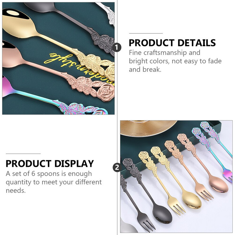 6 vnt. nerūdijančio plieno kavos šaukštai rožių rankena Desertinės arbatos šaukšteliai maišymo kaušelis kavos arbatos uogienei vonios druskos (auksinės)