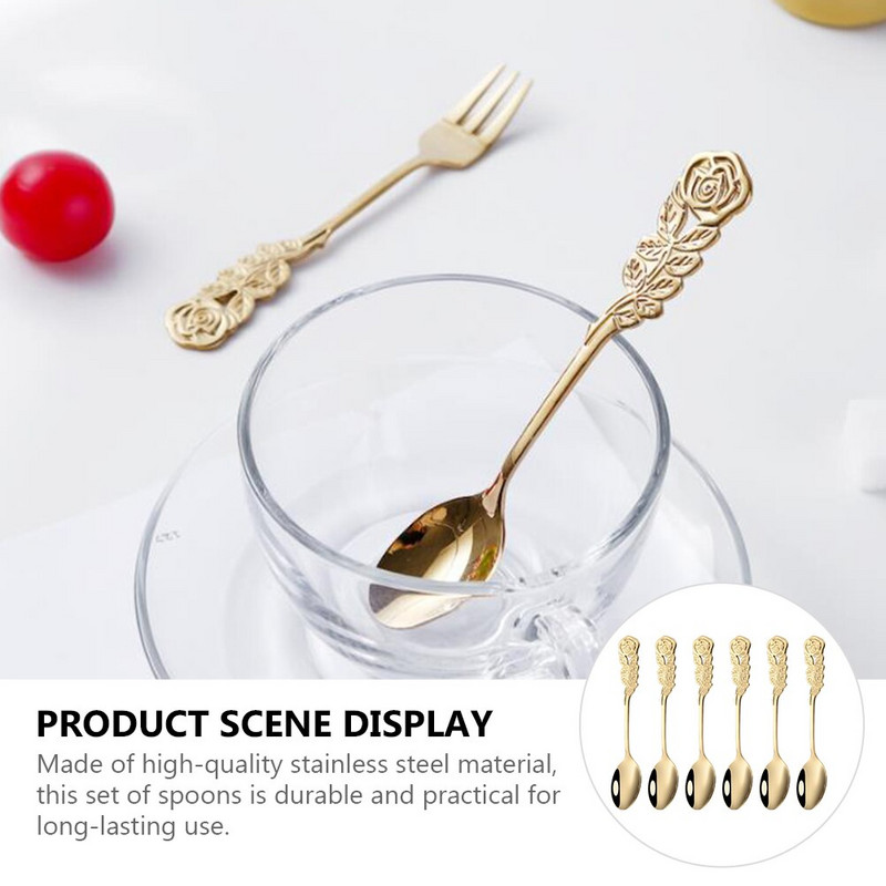 6 vnt. nerūdijančio plieno kavos šaukštai rožių rankena Desertinės arbatos šaukšteliai maišymo kaušelis kavos arbatos uogienei vonios druskos (auksinės)