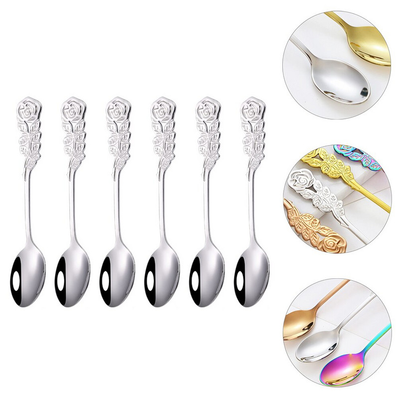 6 vnt. nerūdijančio plieno kavos šaukštai rožių rankena Desertinės arbatos šaukšteliai maišymo kaušelis kavos arbatos uogienei vonios druskos (auksinės)