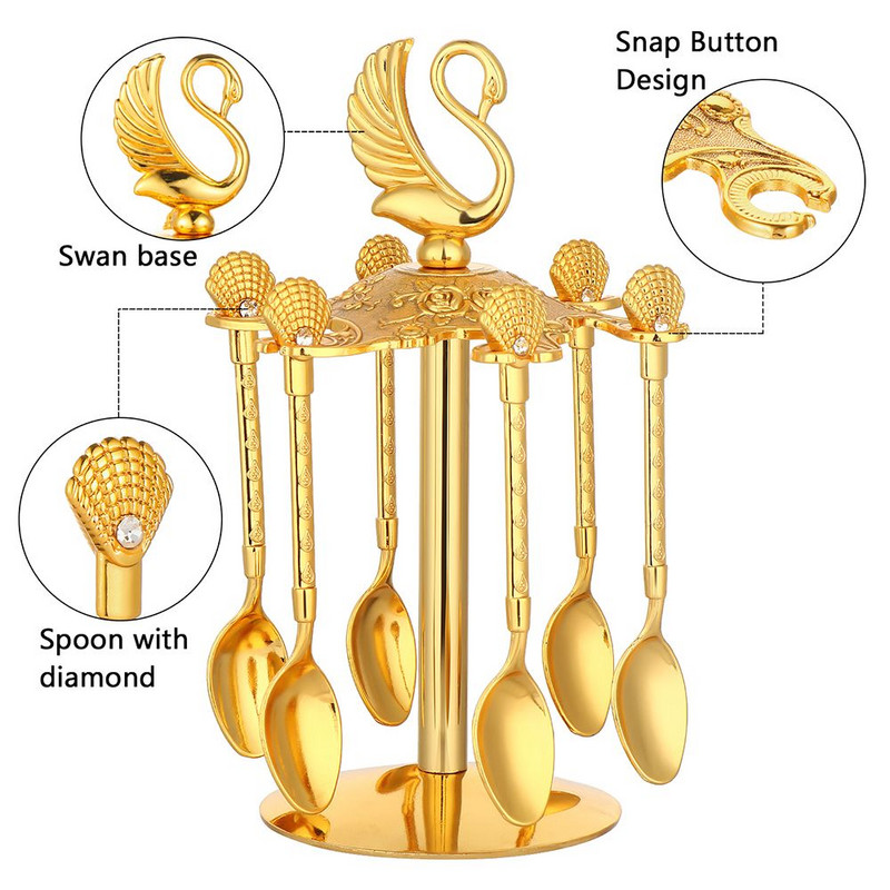 Auksinis gulbės pagrindo laikiklis Kūrybingas ir mielas stalo reikmenų gulbės kavos šaukštelio rinkinys Arbatinių šaukštelių desertinis kaušelis vaisių šaukštas
