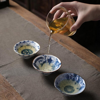 1 БР. Ретро синя и бяла порцеланова конусна чаша за чай против нагар, ръчно рисувана керамична купа за чай Чаши за пътуване Чаши за чай Комплекти чаши за чай