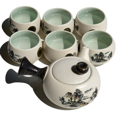 Porcelánová kanvica na čaj 180 ml + 5 šálok, tradičná čínska glazúra s snehovými vločkami, sada 6 šálok na čaj, ručne vyrobená kanvica na čaj, riad.