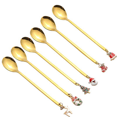 6 vnt Naujųjų metų nerūdijančio plieno Kalėdų šaukštas Kalėdų dovanos vakarėlio stalo papuošalai Pienas kavos šaukštas Kalėdų virtuvės dekoro indai