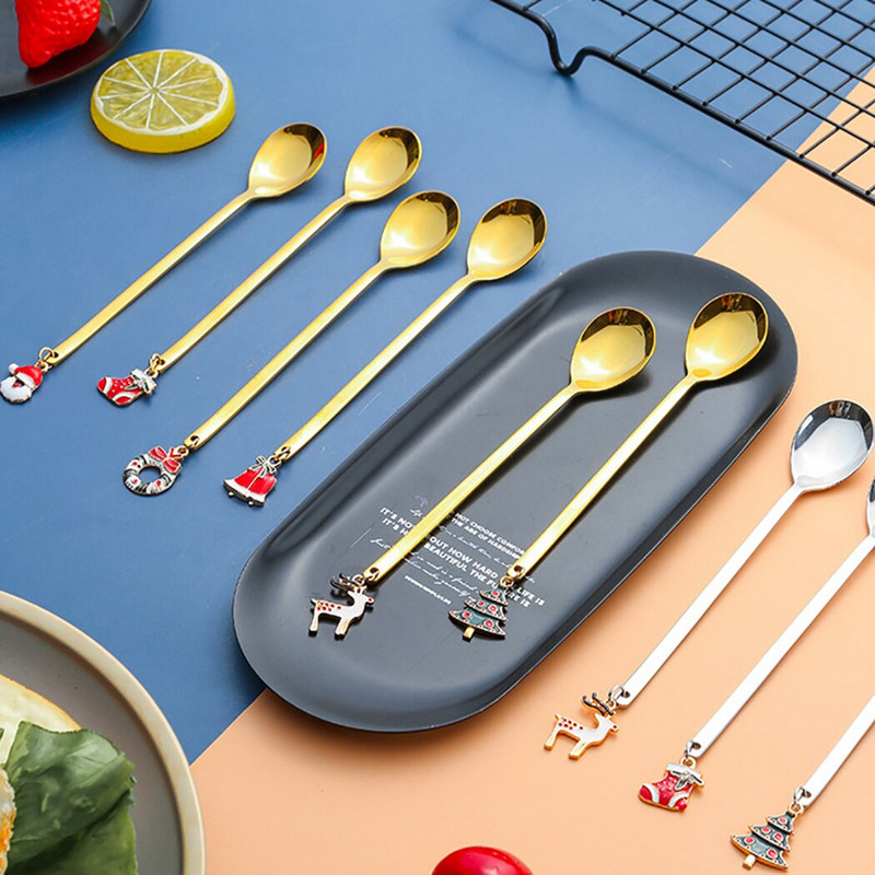 6 vnt Naujųjų metų nerūdijančio plieno Kalėdų šaukštas Kalėdų dovanos vakarėlio stalo papuošalai Pienas kavos šaukštas Kalėdų virtuvės dekoro indai