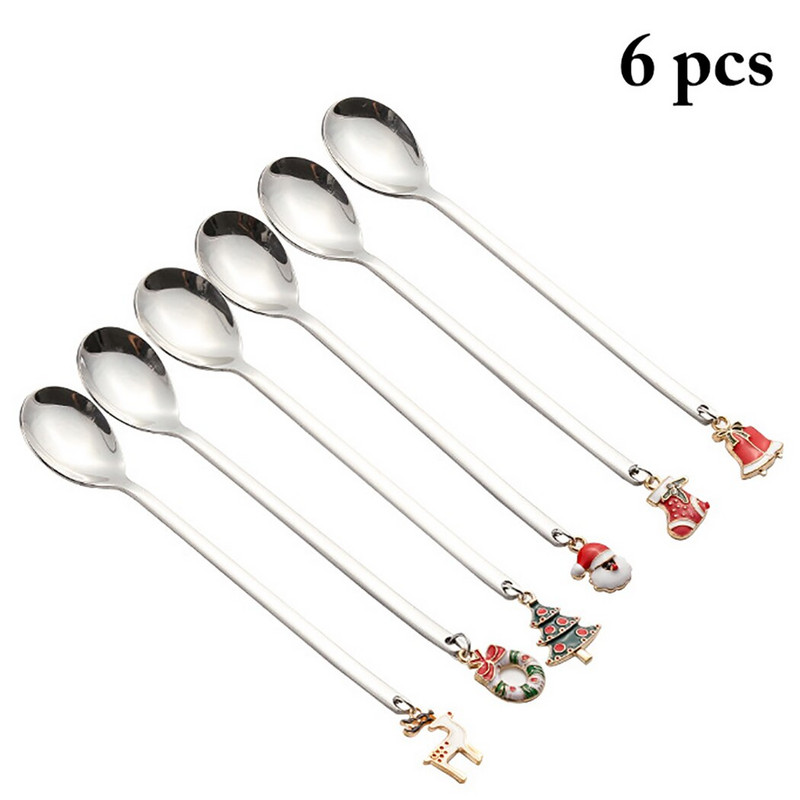 6 vnt Naujųjų metų nerūdijančio plieno Kalėdų šaukštas Kalėdų dovanos vakarėlio stalo papuošalai Pienas kavos šaukštas Kalėdų virtuvės dekoro indai